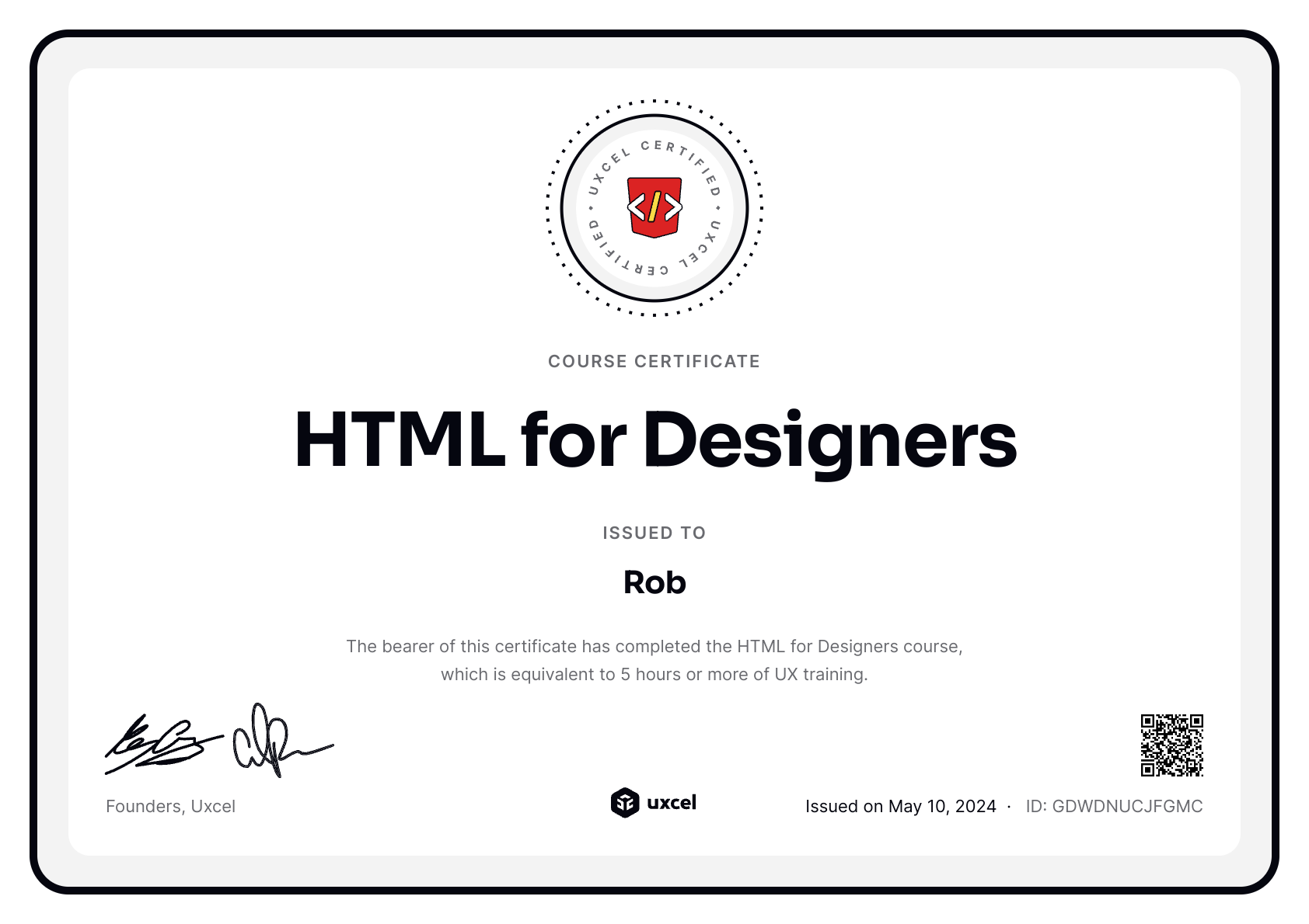 Rob B's certificate
